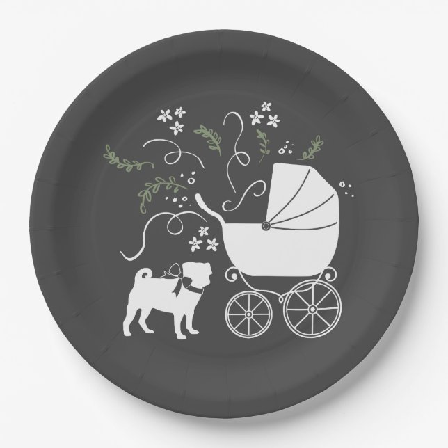 Pug Dog Baby Shower Grey Puppy Gender Neutral Paper Plate (Front)