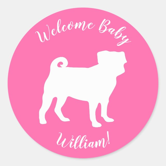 Pug Dog Baby Shower Pink Puppy Girl Classic Round Sticker (Front)