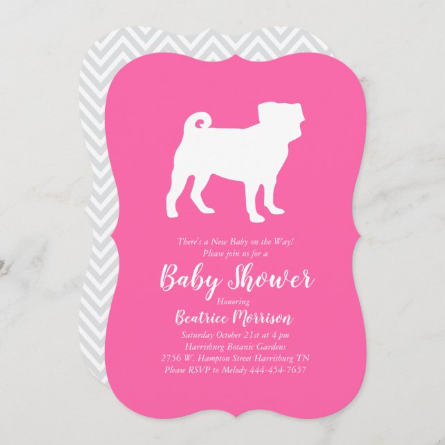 Pug Dog Baby Shower Puppy Pink Girl Invitation (Front/Back)