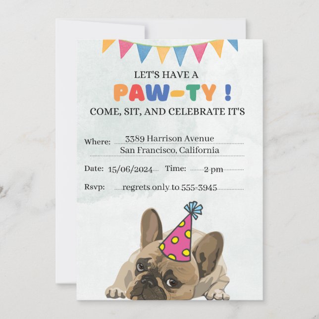 Pug Dog Birthday Party Puppy Paw-ty Birthday Save The Date (Front)