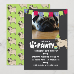 Pug Dog Birthday photo invitation