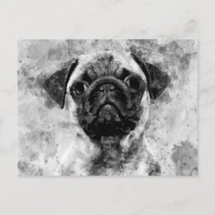 Pug Dog Black and White Watercolor 01 Postcard