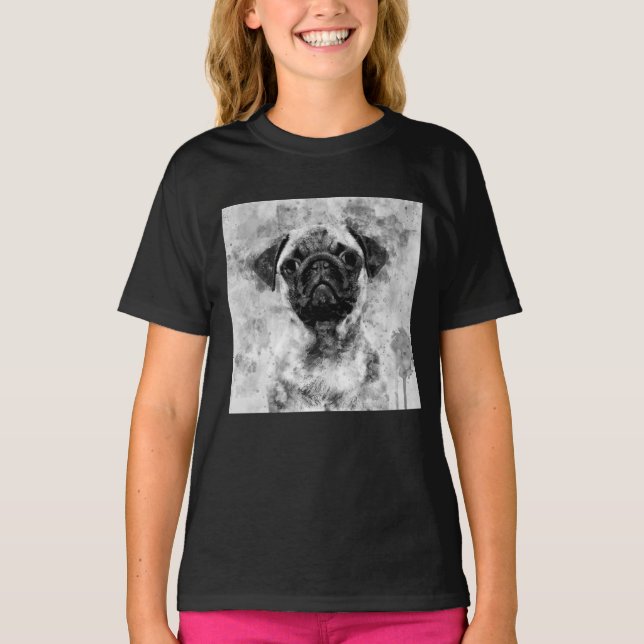 Pug Dog Black and White Watercolor 01 T-Shirt (Front)