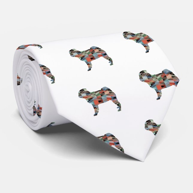 Pug Dog Breed Geo Silhouette Plaid Tie (Rolled)