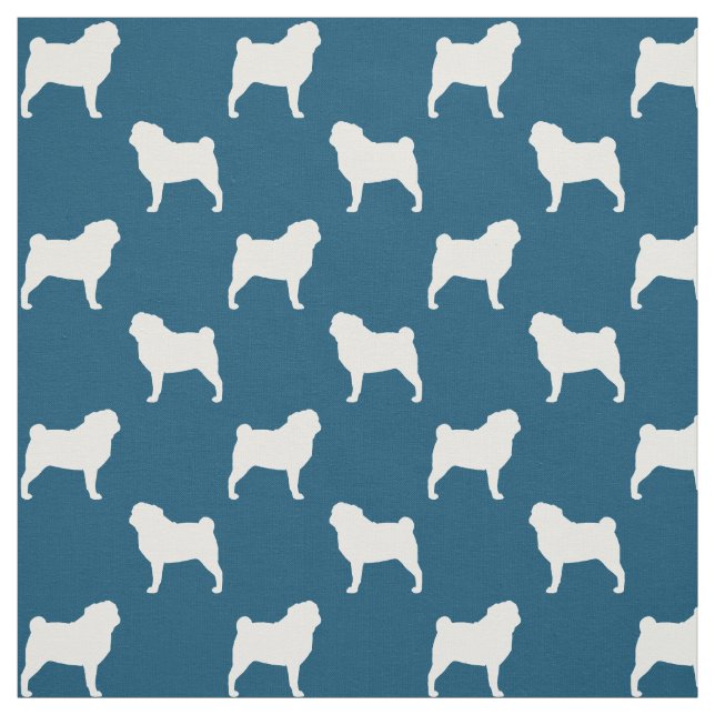 Pug Dog Breed Silhouettes Blue and White Patterned Fabric (Swatch)