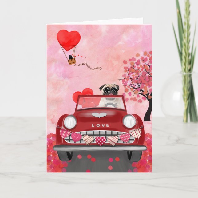 Pug Dog Car with Hearts Valentine's   Card (Front)