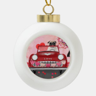 Pug Dog Car with Hearts Valentine's Ceramic Ball Christmas Ornament