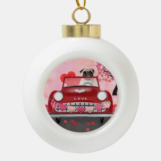 Pug Dog Car with Hearts Valentine's   Ceramic Ball Christmas Ornament (Front)