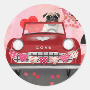 Pug Dog Car with Hearts Valentine's Classic Round Sticker