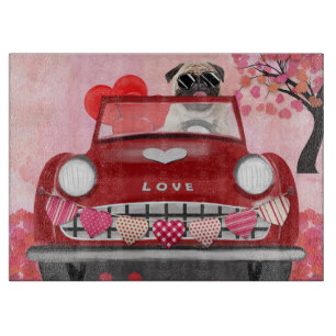 Pug Dog Car with Hearts Valentine's Cutting Board