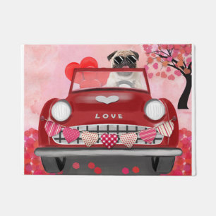 Pug Dog Car with Hearts Valentine's   Doormat