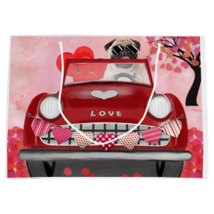 Pug Dog Car with Hearts Valentine's   Large Gift Bag