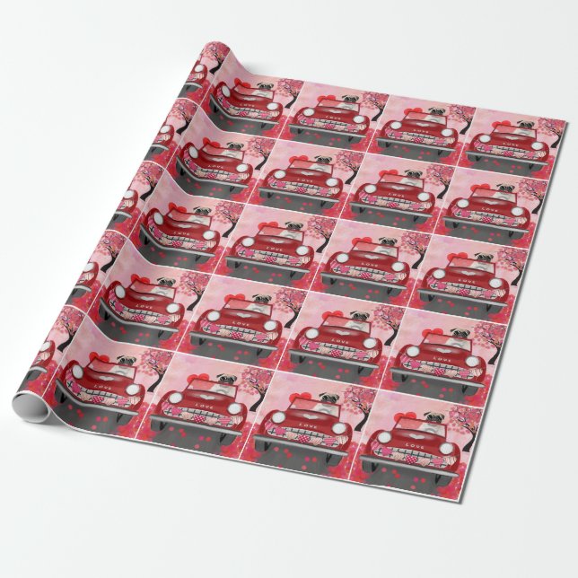 Pug Dog Car with Hearts Valentine's   Wrapping Paper (Unrolled)