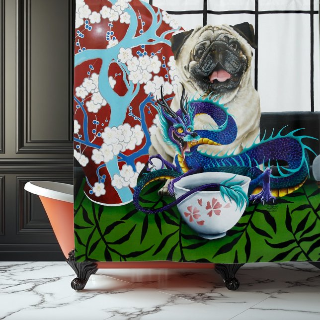 Pug Dog Chinese Dragon Shower Curtain (Creator Uploaded)