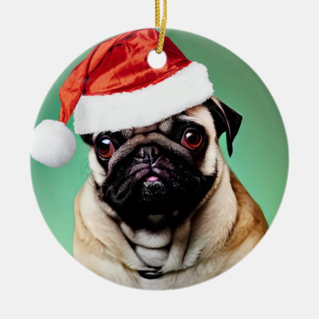 Pug Dog Christmas Ceramic Ornament (Front)