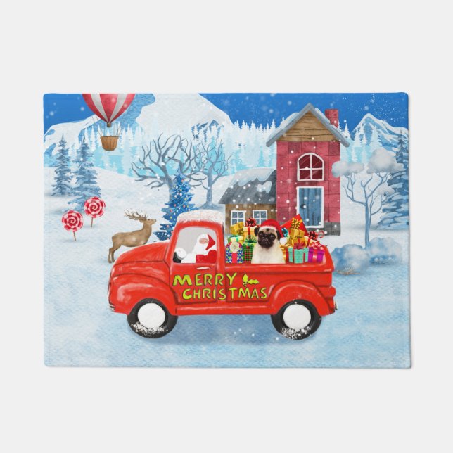 Pug Dog Christmas Delivery Truck Snow Doormat (Front)