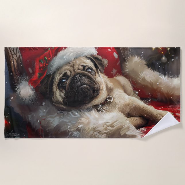 Pug Dog Christmas Festive Beach Towel (Front)