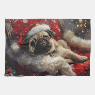 Pug Dog Christmas Festive Tea Towel