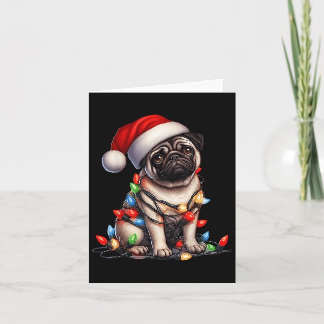 Pug Dog Christmas Lights Santa Hat Dog Lover  Card (Front)