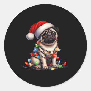 Pug Dog Christmas Lights Santa Hat Dog Lover Classic Round Sticker
