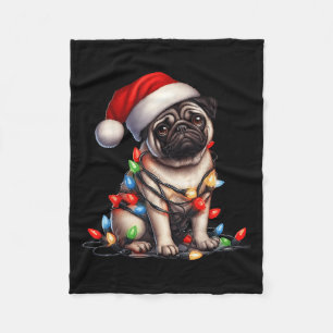 Pug Dog Christmas Lights Santa Hat Dog Lover Fleece Blanket