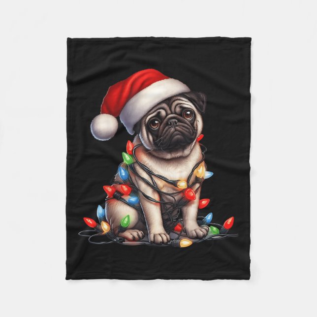 Pug Dog Christmas Lights Santa Hat Dog Lover  Fleece Blanket (Front)
