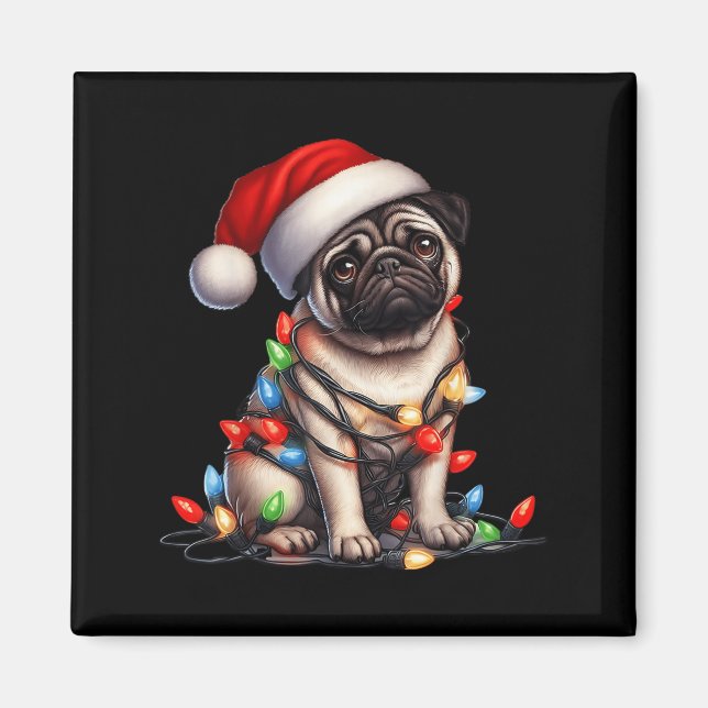 Pug Dog Christmas Lights Santa Hat Dog Lover  Magnet (Front)