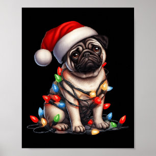 Pug Dog Christmas Lights Santa Hat Dog Lover Poster