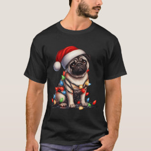 Pug Dog Christmas Lights Santa Hat Dog Lover T-Shirt