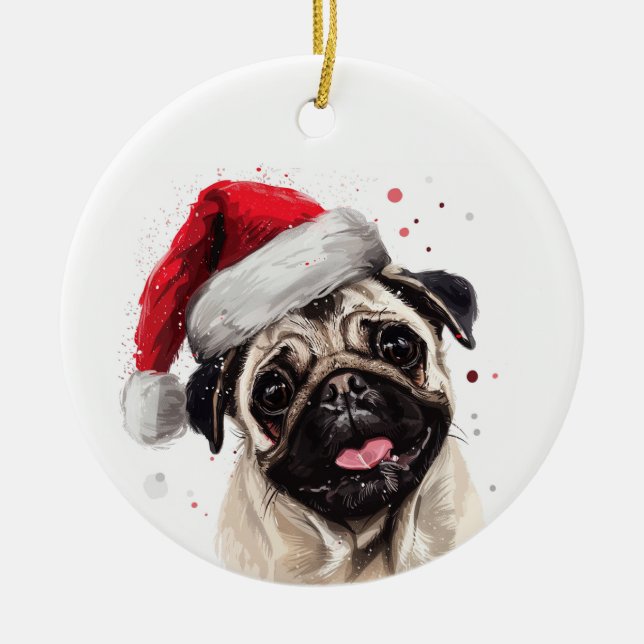Pug Dog Christmas Personalised Ceramic Ornament (Front)