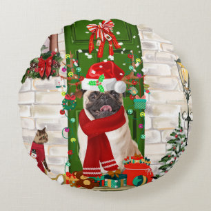 Pug Dog Christmas Round Cushion