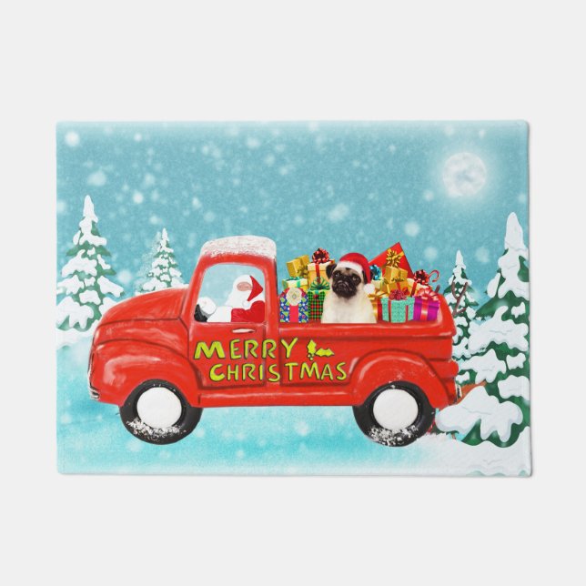 Pug Dog Christmas Santa Delivery Truck Doormat (Front)