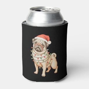 Pug Dog Christmas Santa Hat Xmas Lights Holiday Can Cooler
