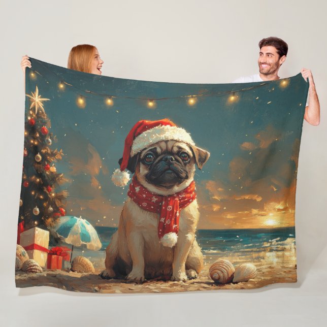 Pug Dog Christmas Vintage Beach Fleece Blanket (In Situ)