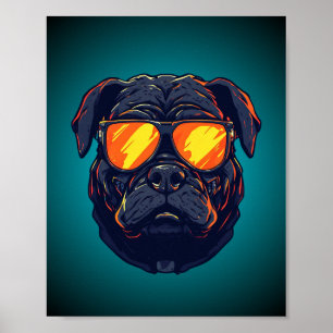 Pug Dog Cyberpunk Mecha Neon Sunglasses Poster