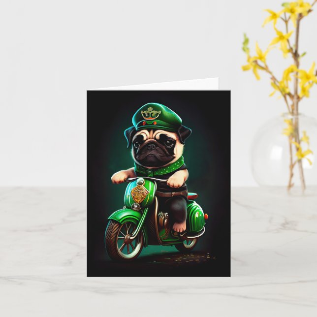 Pug Dog Driving Bike St. Patrick's Day Card (Yellow Flower)