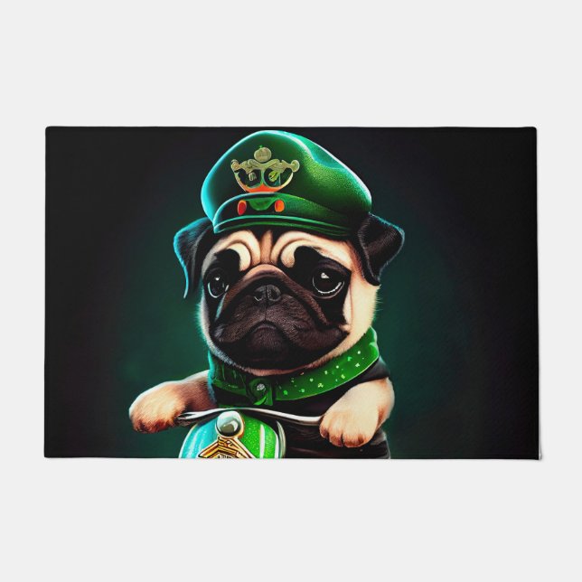 Pug Dog Driving Bike St. Patrick's Day Doormat (Front)