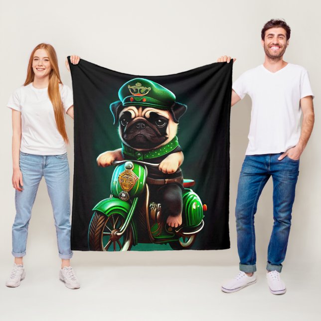 Pug Dog Driving Bike St. Patrick's Day Fleece Blanket (In Situ)
