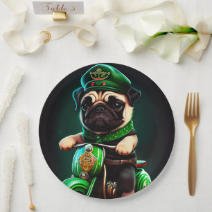 Pug Dog Driving Bike St. Patrick's Day Paper Plate