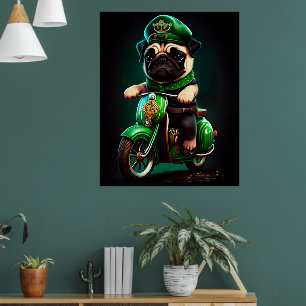 Pug Dog Driving Bike St. Patrick's Day Poster