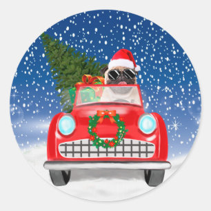 Pug Dog Driving Car In Snow Christmas Classic Round Sticker