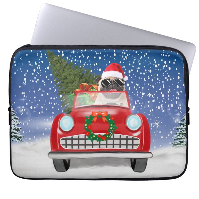 Pug Dog Driving Car In Snow Christmas   Laptop Sleeve (Front)