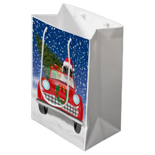Pug Dog Driving Car In Snow Christmas   Medium Gift Bag