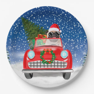 Pug Dog Driving Car In Snow Christmas Paper Plate
