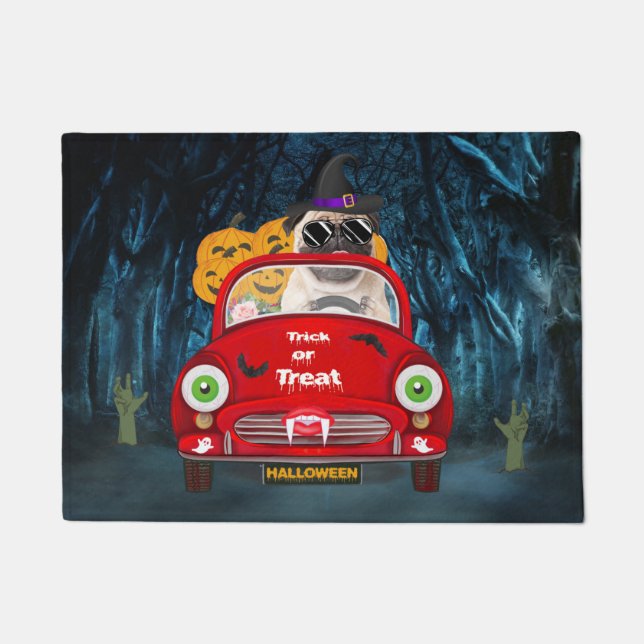 Pug  Dog Driving Car Scary Halloween Doormat (Front)