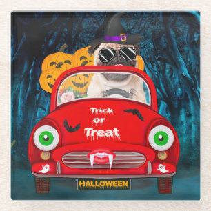 Pug Dog Driving Car Scary Halloween Glass Coaster