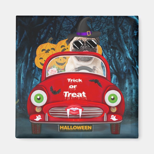 Pug  Dog Driving Car Scary Halloween Magnet (Front)