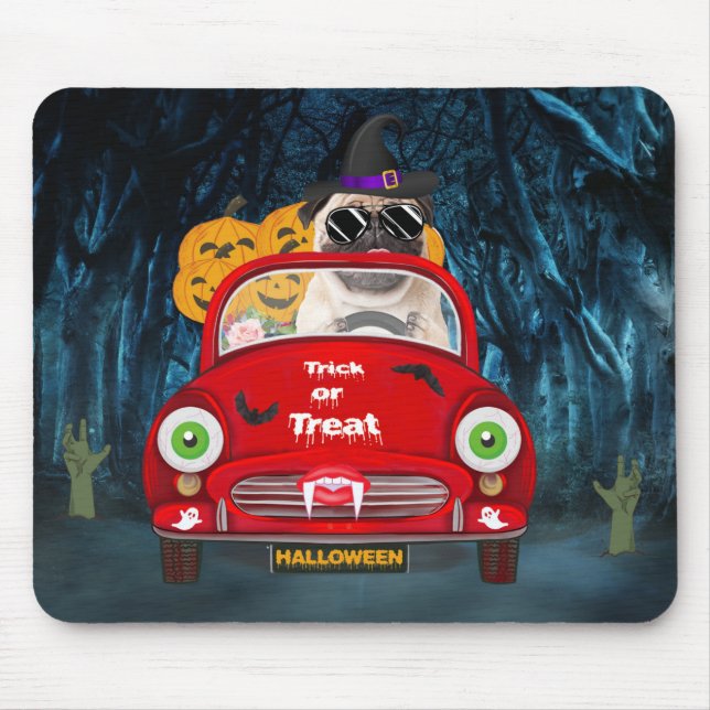 Pug  Dog Driving Car Scary Halloween Mouse Pad (Front)