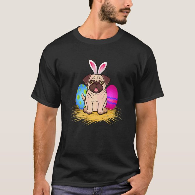 Pug Dog Easter Holiday Bunny Ears Colour Egg Hunt T-Shirt (Front)