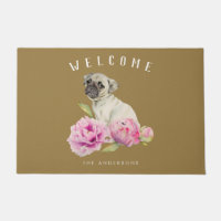 Pug Dog Floral Welcome | Add Family Name